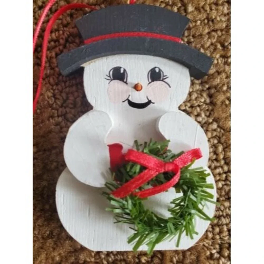 Christmas Snowman Ornament White Hand Painted Wood Black Smiling Happy 3